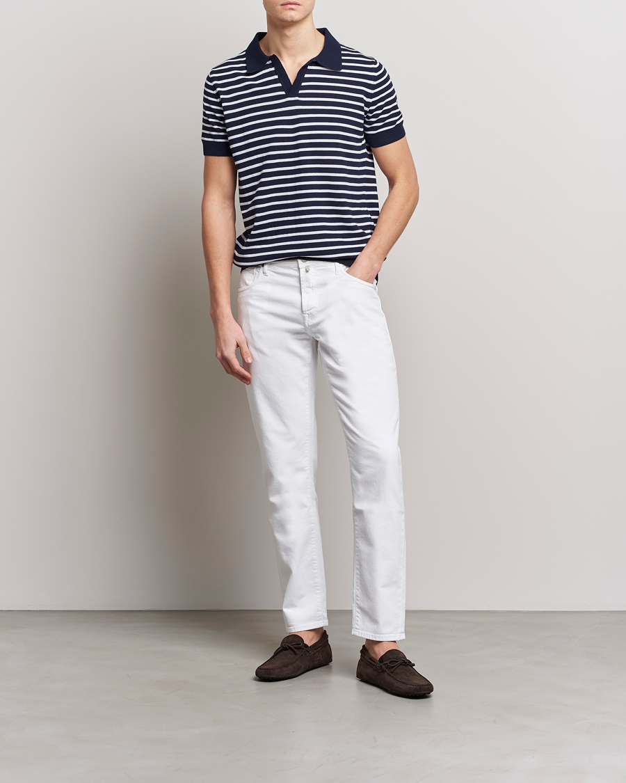 Men | Polo Shirts | Oscar Jacobson | Devon Short Sleeve Striped Cotton Polo White/Blue