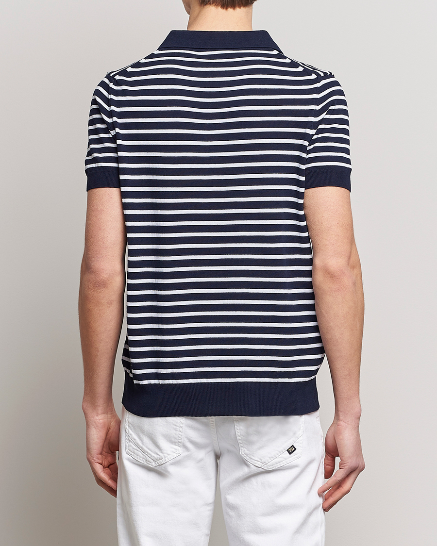Men | Polo Shirts | Oscar Jacobson | Devon Short Sleeve Striped Cotton Polo White/Blue