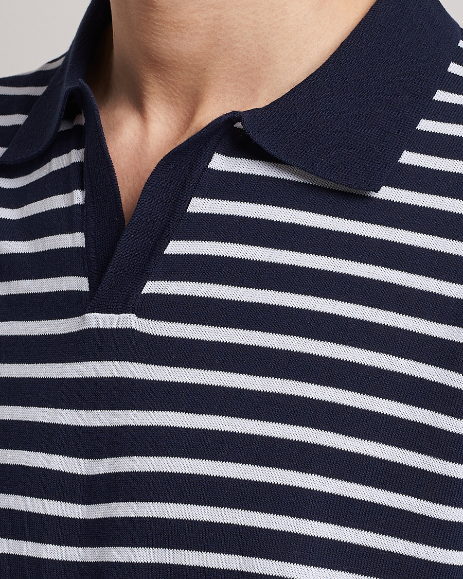 Men | Polo Shirts | Oscar Jacobson | Devon Short Sleeve Striped Cotton Polo White/Blue