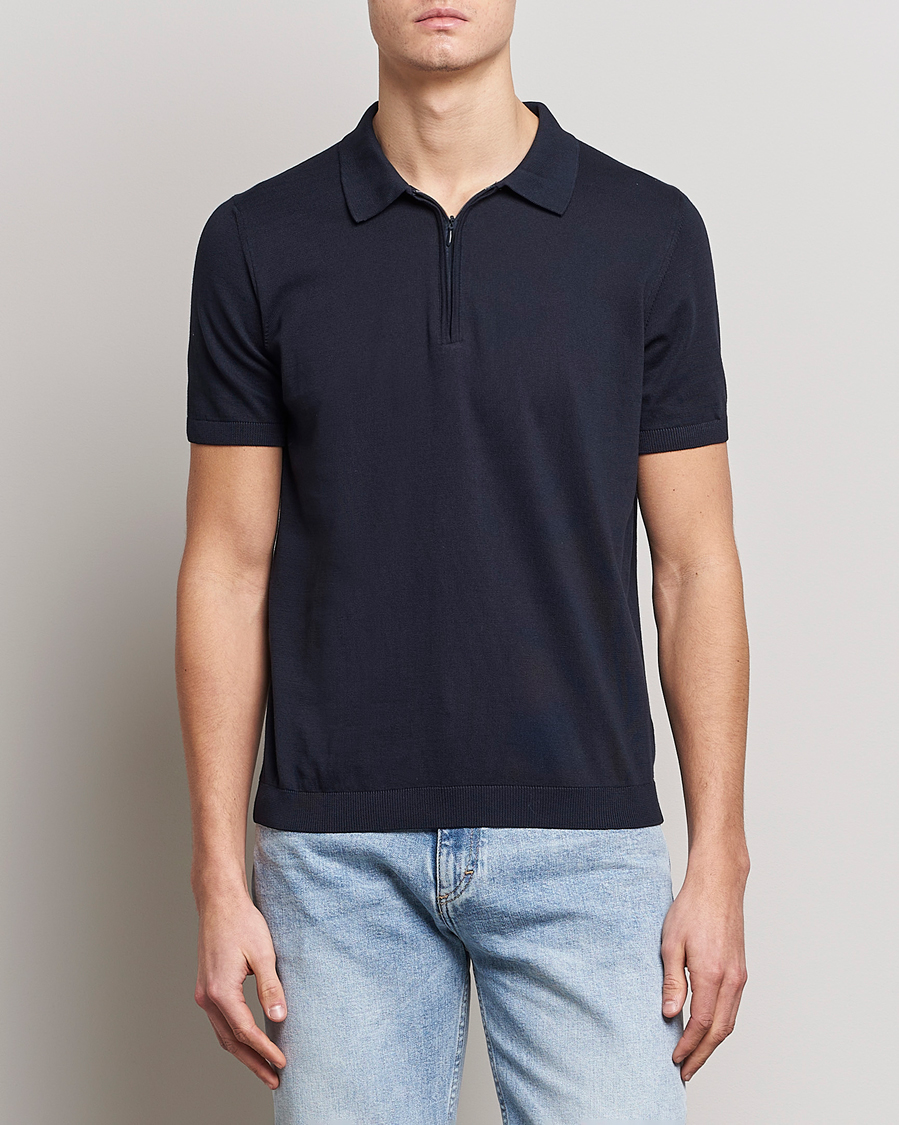 Men | Short Sleeve Polo Shirts | Oscar Jacobson | Otto Short Sleeve Zip Polo Navy