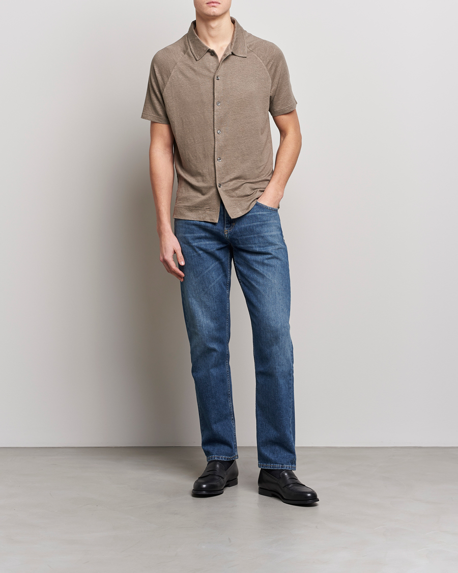 Men | Shirts | Oscar Jacobson | Albin Short Sleeve Linen Polo Taupe