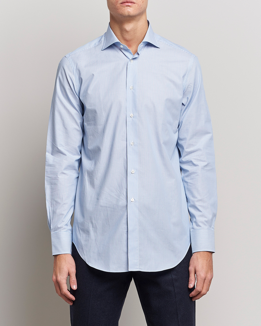 Men |  | Kamakura Shirts | Slim Fit Striped Broadcloth Shirt Light Blue