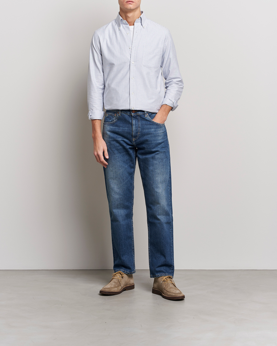 Men | Clothing | Kamakura Shirts | Slim Fit Striped Oxford BD Shirt Light Blue