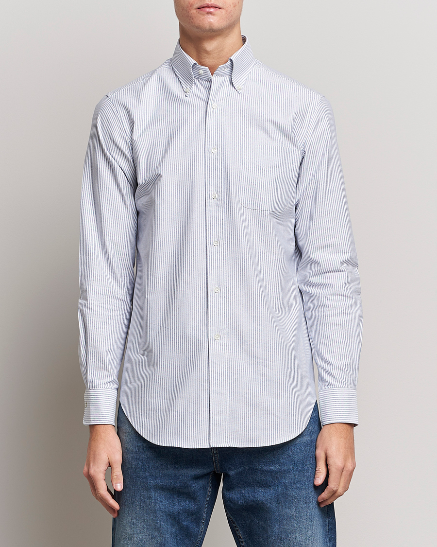 Men |  | Kamakura Shirts | Slim Fit Striped Oxford BD Shirt Light Blue