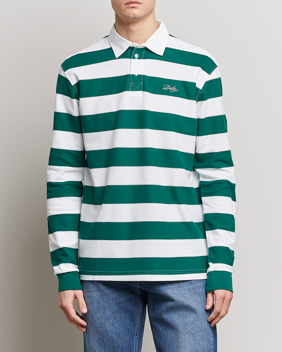 Men | Long Sleeve Polo Shirts | Drôle de Monsieur | Le Polo Striped Rugby Shirt White/Green