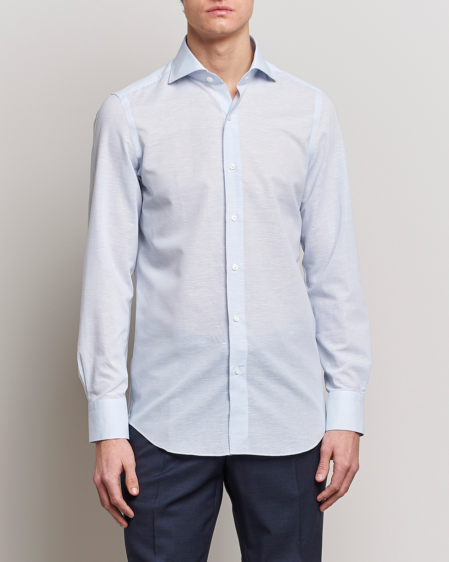 Men | Business Shirts | Finamore Napoli | Milano Slim Linen Dress Shirt Light Blue