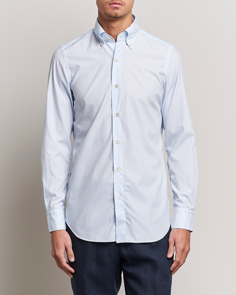 Men | Shirts | Finamore Napoli | Milano Slim Washed Dress Shirt Light Blue Check