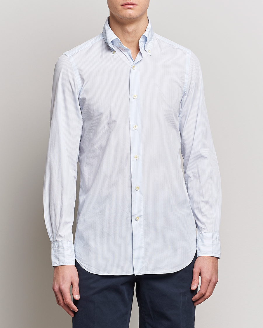 Men | Shirts | Finamore Napoli | Milano Slim Washed Dress Shirt Light Blue Stripe