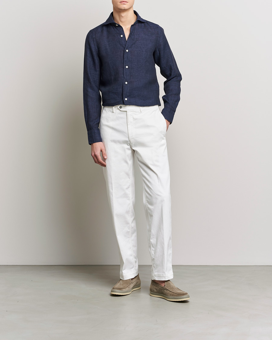 Finamore Napoli Tokyo Slim Linen Shirt Navy at CareOfCarl.com
