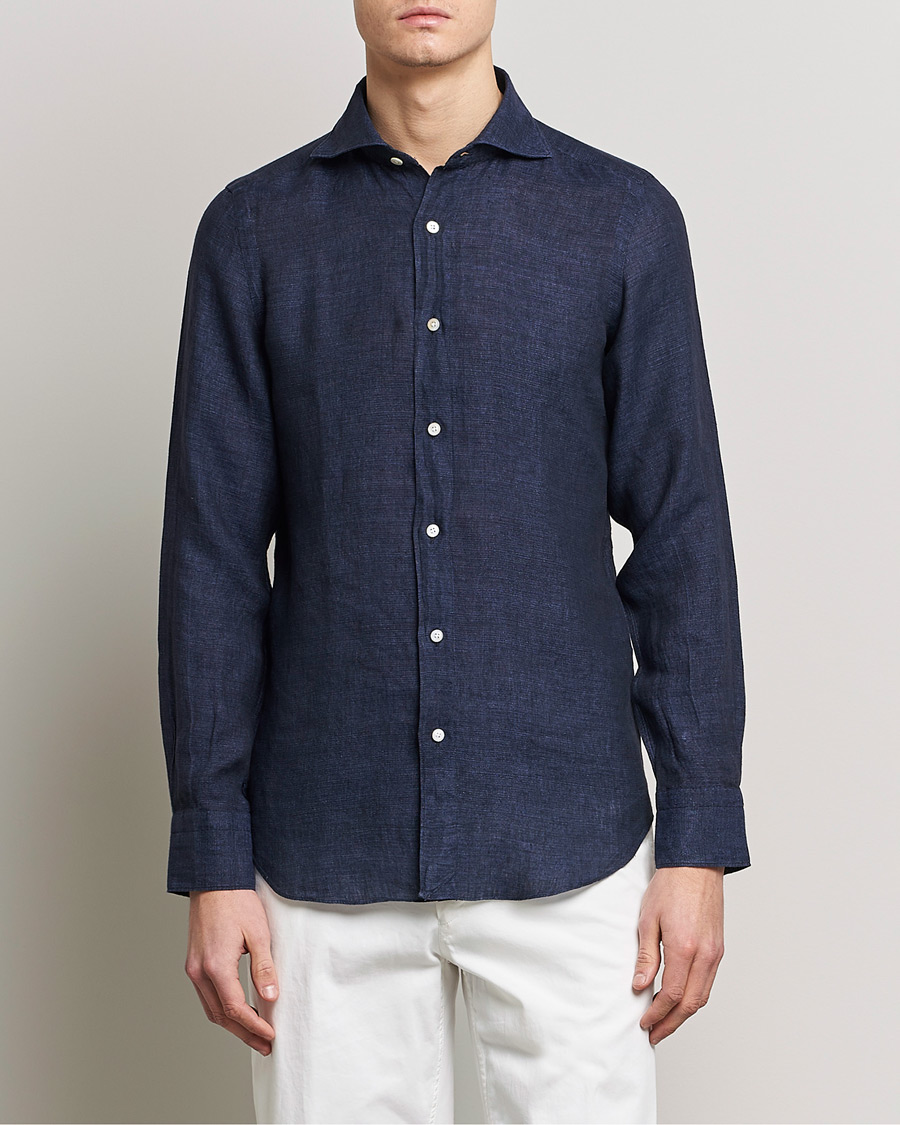 Finamore Napoli Tokyo Slim Linen Shirt Navy at CareOfCarl.com