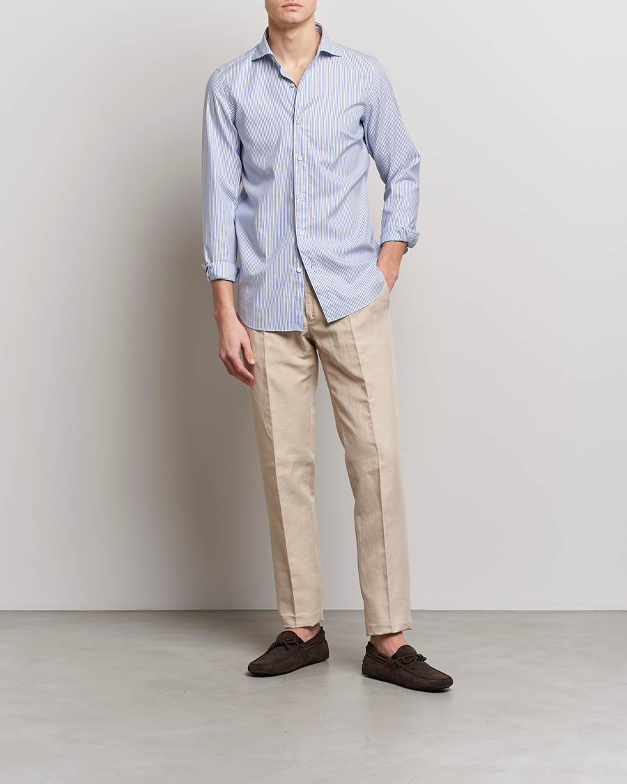 Men | Shirts | Finamore Napoli | Tokyo Slim Chambray Shirt Light Blue Stripe