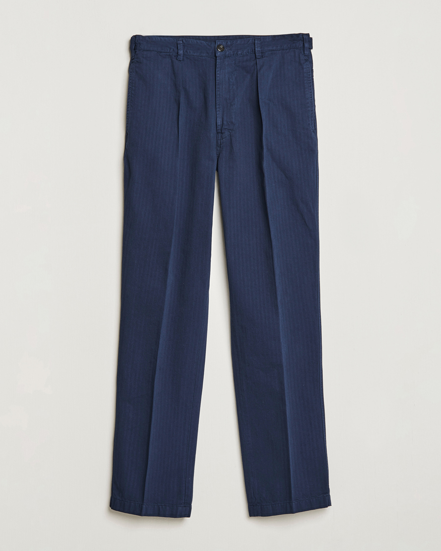 Men | Trousers | Drake's | Cotton Herringbone One Pleat Chino Navy