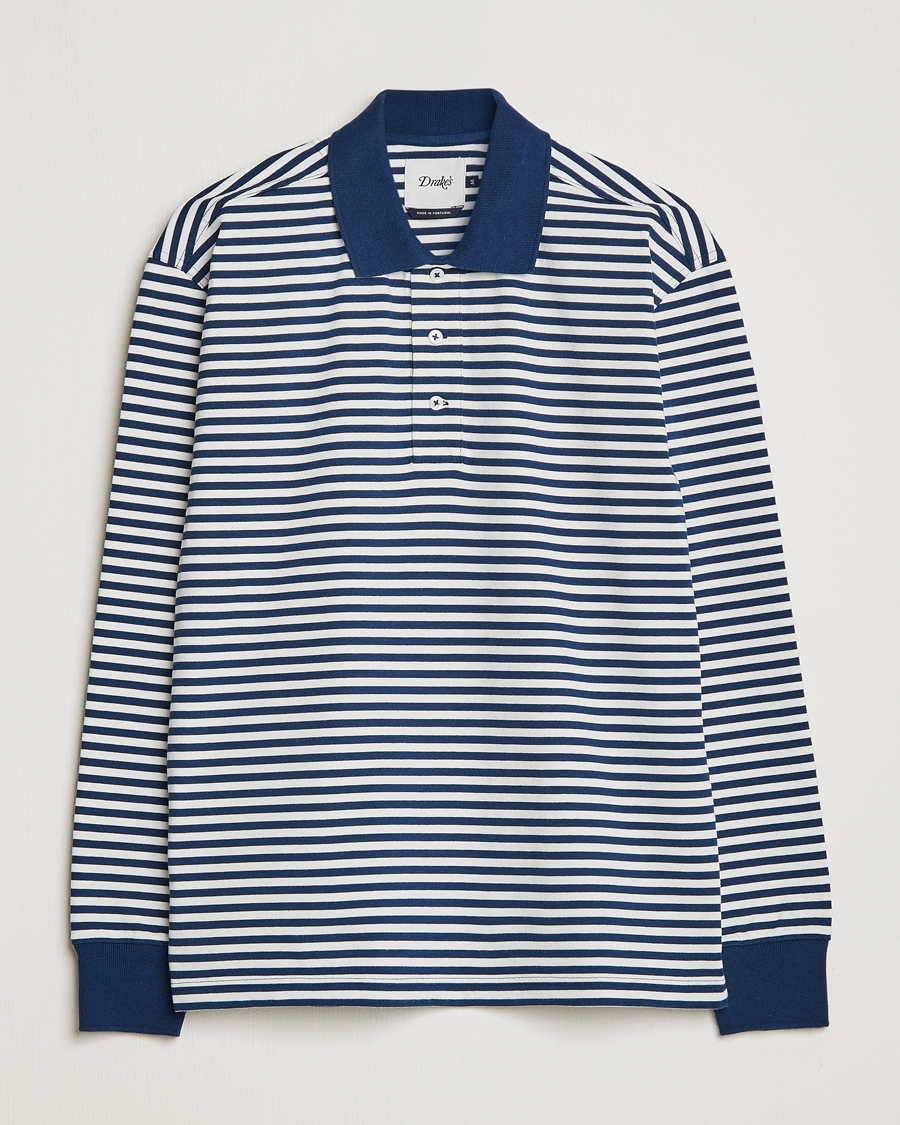Men | Sweaters & Knitwear | Drake's | Striped Long Sleeve Jersey Polo White/Navy