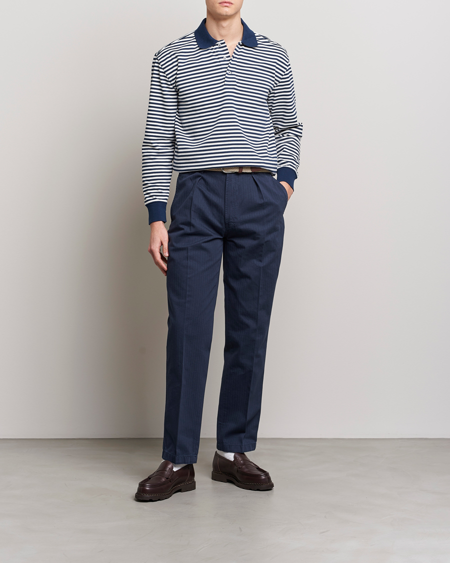 Men | Sweaters & Knitwear | Drake's | Striped Long Sleeve Jersey Polo White/Navy