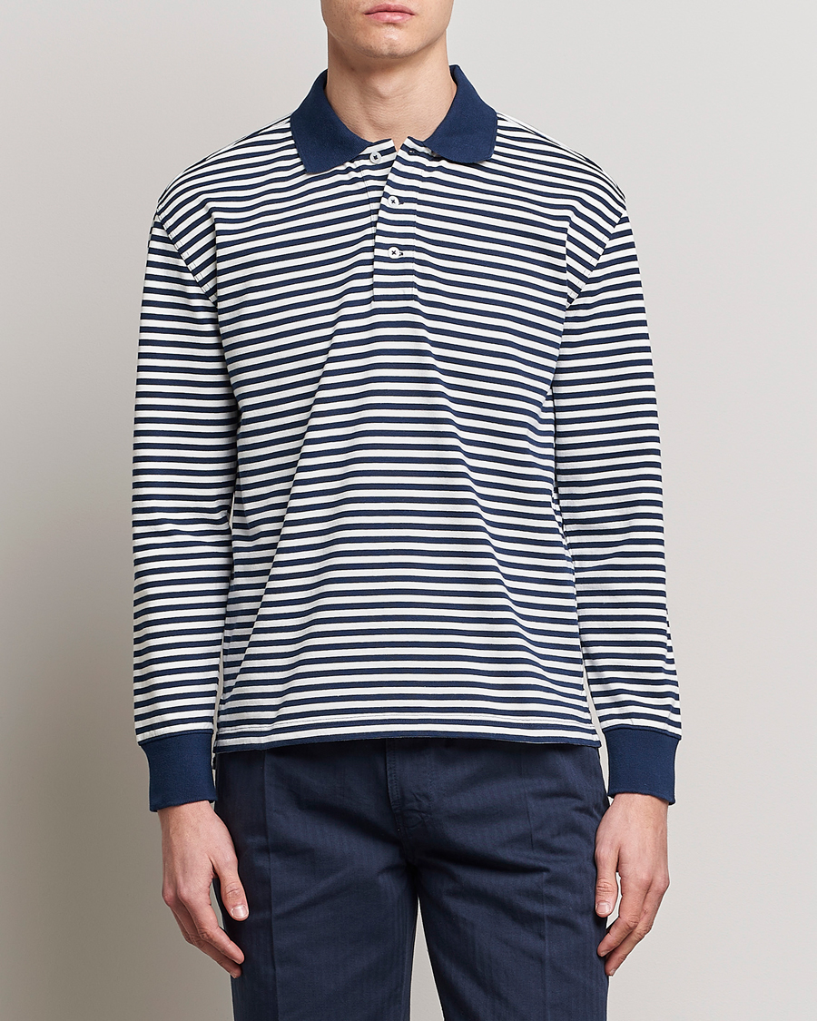 Drake's Striped Long Sleeve Jersey Polo White/Navy at CareOfCarl.com