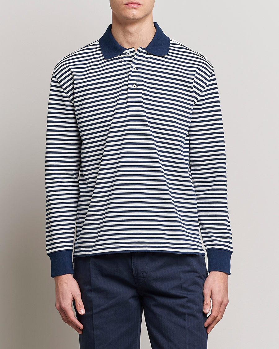 Men | Drake's | Drake's | Striped Long Sleeve Jersey Polo White/Navy