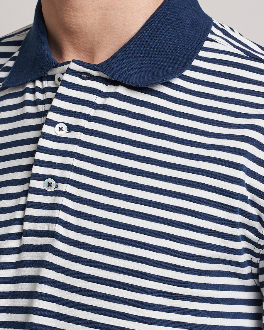 Drake's Striped Long Sleeve Jersey Polo White/Navy at CareOfCarl.com