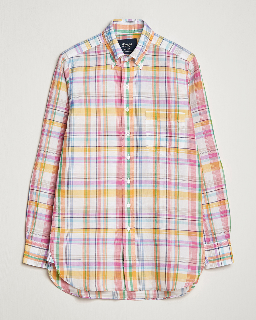 Men | Shirts | Drake's | Checked Button Down Linen Shirt Multi