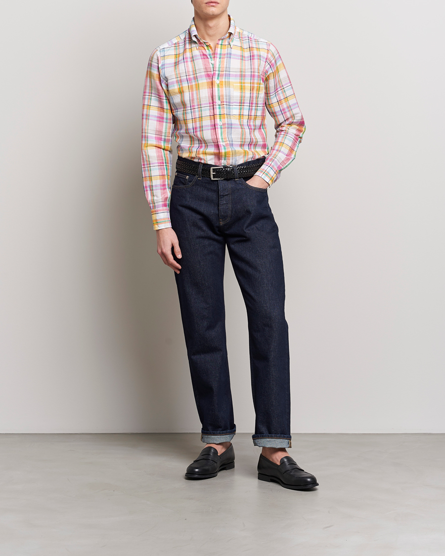 Men | Shirts | Drake's | Checked Button Down Linen Shirt Multi