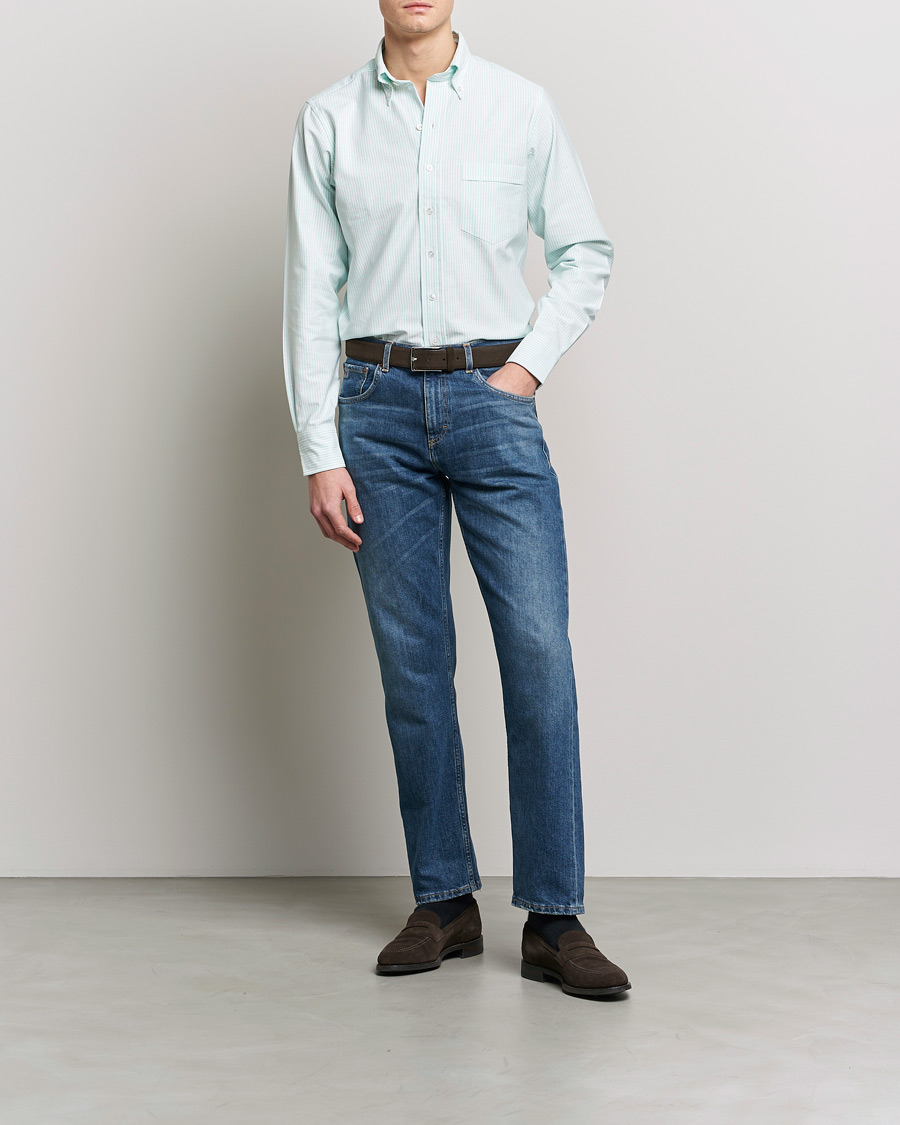 Men | Shirts | Drake's | Striped Button Down Oxford Shirt Green