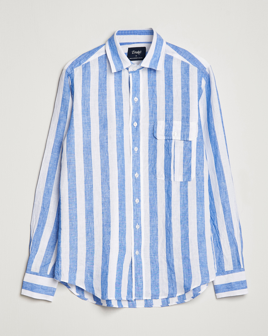 Men | Shirts | Drake's | Broad Stripe Linen Spread Collar Shirt Blue