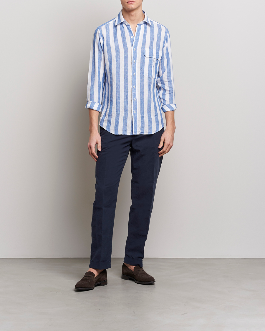 Men | Shirts | Drake's | Broad Stripe Linen Spread Collar Shirt Blue