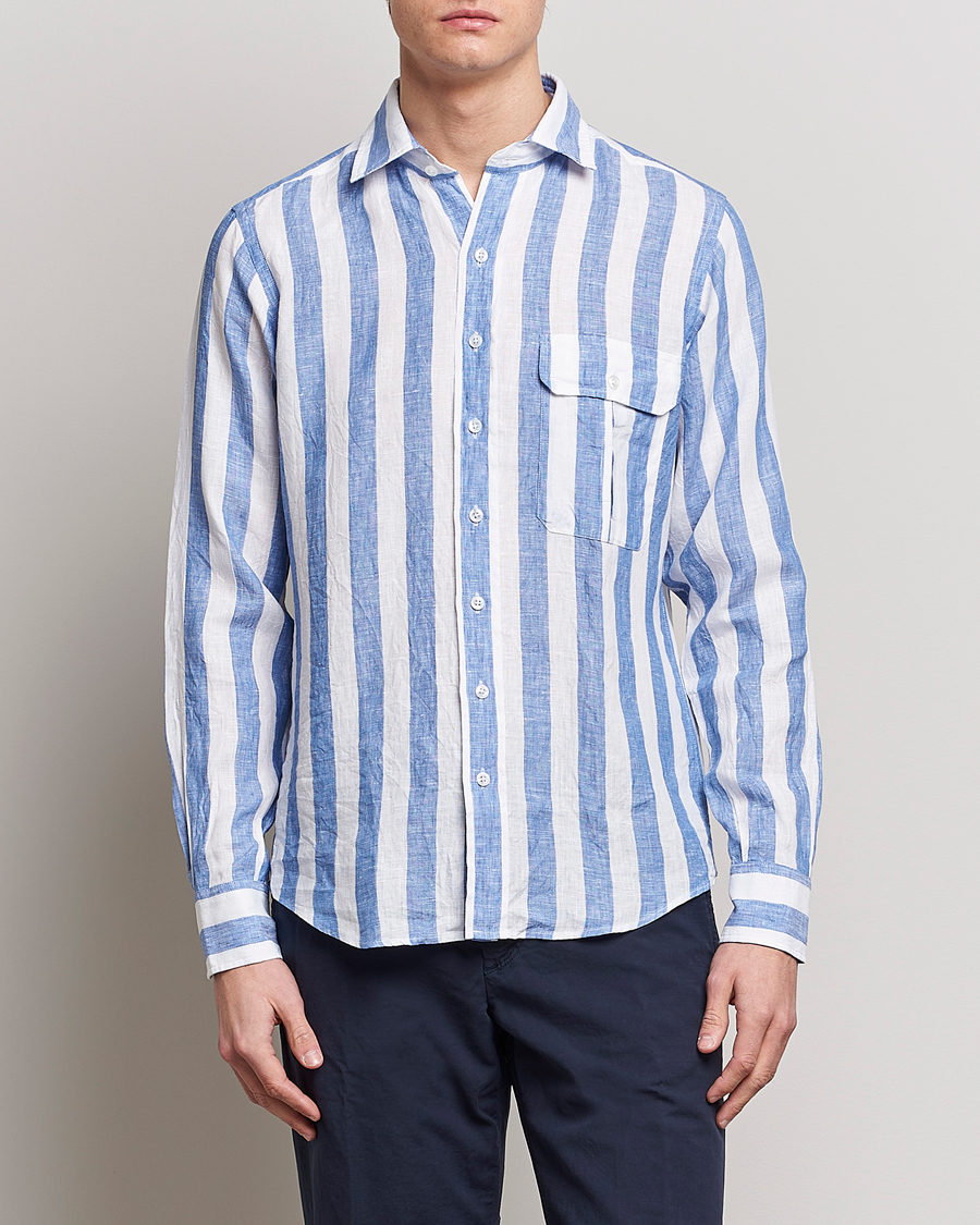 Drake's Broad Stripe Linen Spread Collar Shirt Blue at CareOfCarl.com