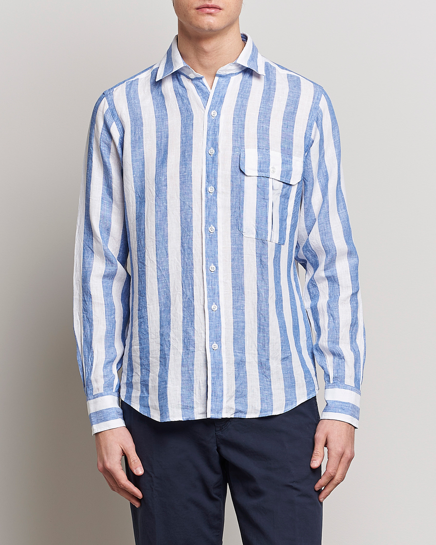 Men | Drake's | Drake's | Broad Stripe Linen Spread Collar Shirt Blue