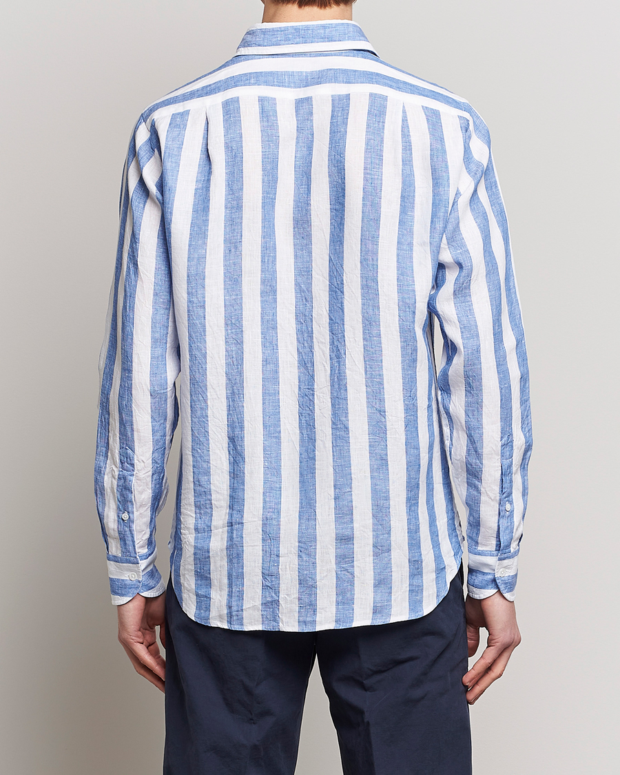 Men | Shirts | Drake's | Broad Stripe Linen Spread Collar Shirt Blue