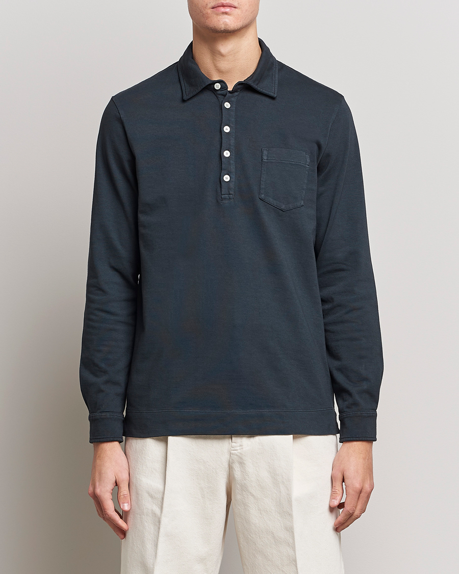 Men | Long Sleeve Polo Shirts | Massimo Alba | Ischia Long Sleeve Cotton Polo Washed Black