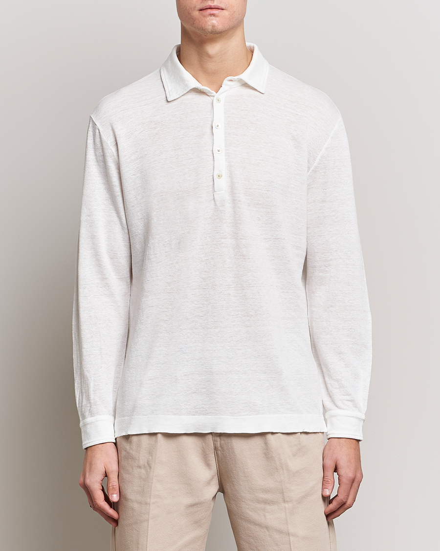 Men | Long Sleeve Polo Shirts | Massimo Alba | Raya Long Sleeve Linen Polo White