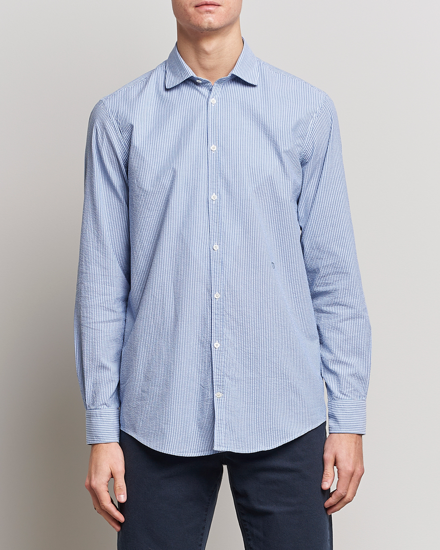 Men |  | Massimo Alba | Canary Striped Seersucker Shirt Blue