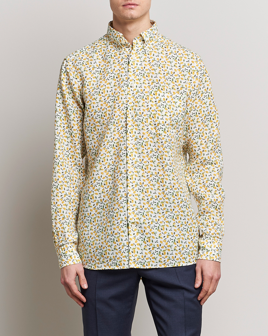 Men | Eton | Eton | Lemon Print  Contemporary Linen Shirt Yellow 