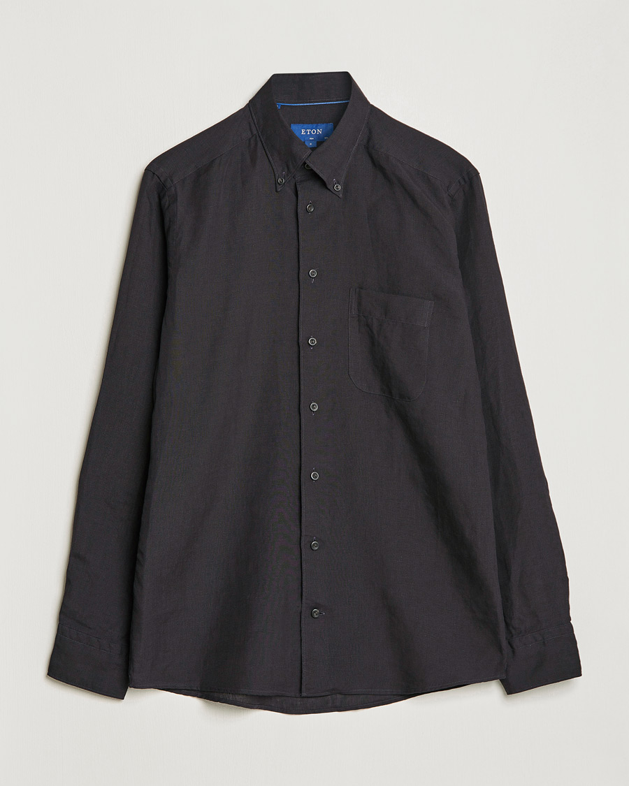 Men | Shirts | Eton | Slim Fit Linen Button Down Shirt Black