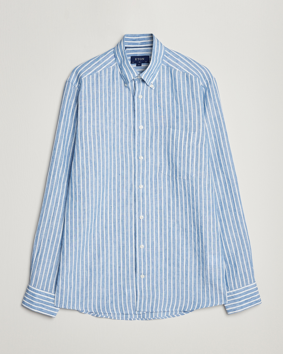 Men | Shirts | Eton | Slim Fit Striped Linen Shirt Mid Blue