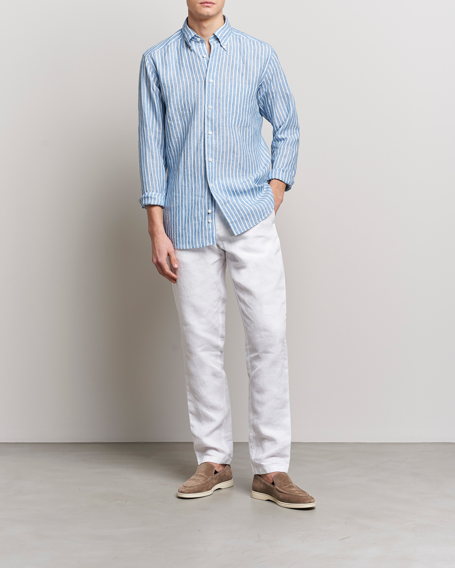 Men | Shirts | Eton | Slim Fit Striped Linen Shirt Mid Blue
