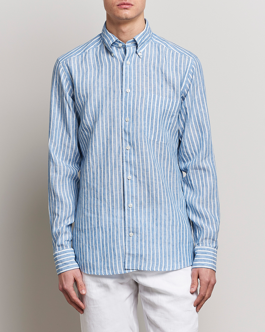 Men | Eton | Eton | Slim Fit Striped Linen Shirt Mid Blue