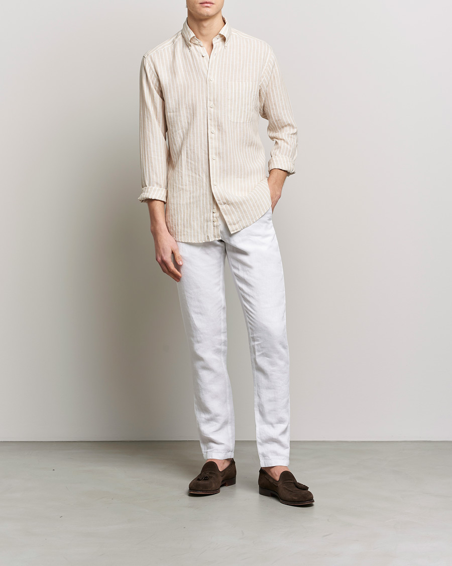 Men | Shirts | Eton | Slim Fit Striped Linen Shirt Brown