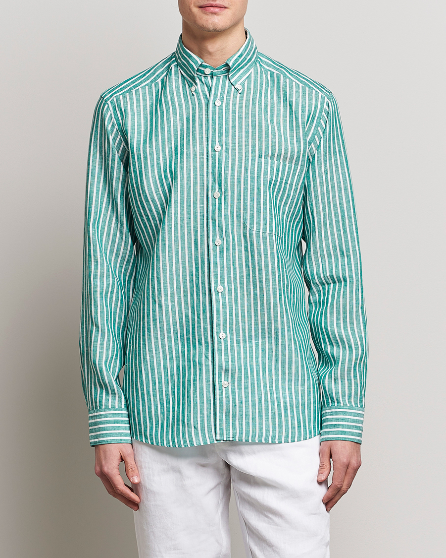 Men | Linen Shirts | Eton | Slim Fit Striped Linen Shirt Green