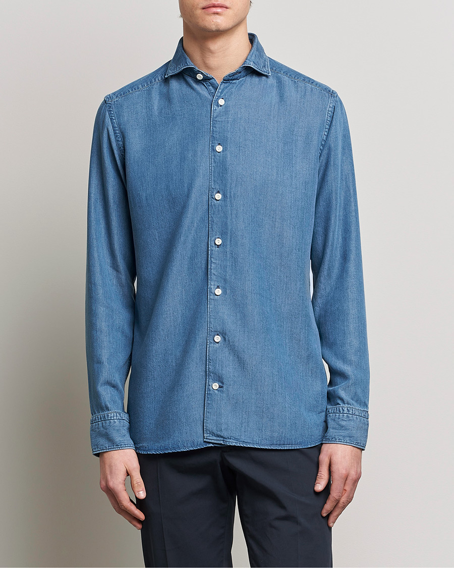 Men | Denim Shirts | Eton | Light Denim Tencel Shirt Navy Blue