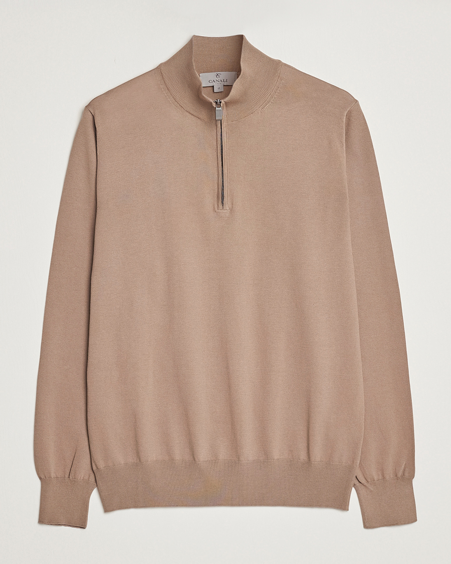 Men | Sweaters & Knitwear | Canali | Cotton Half Zip Sweater Brown