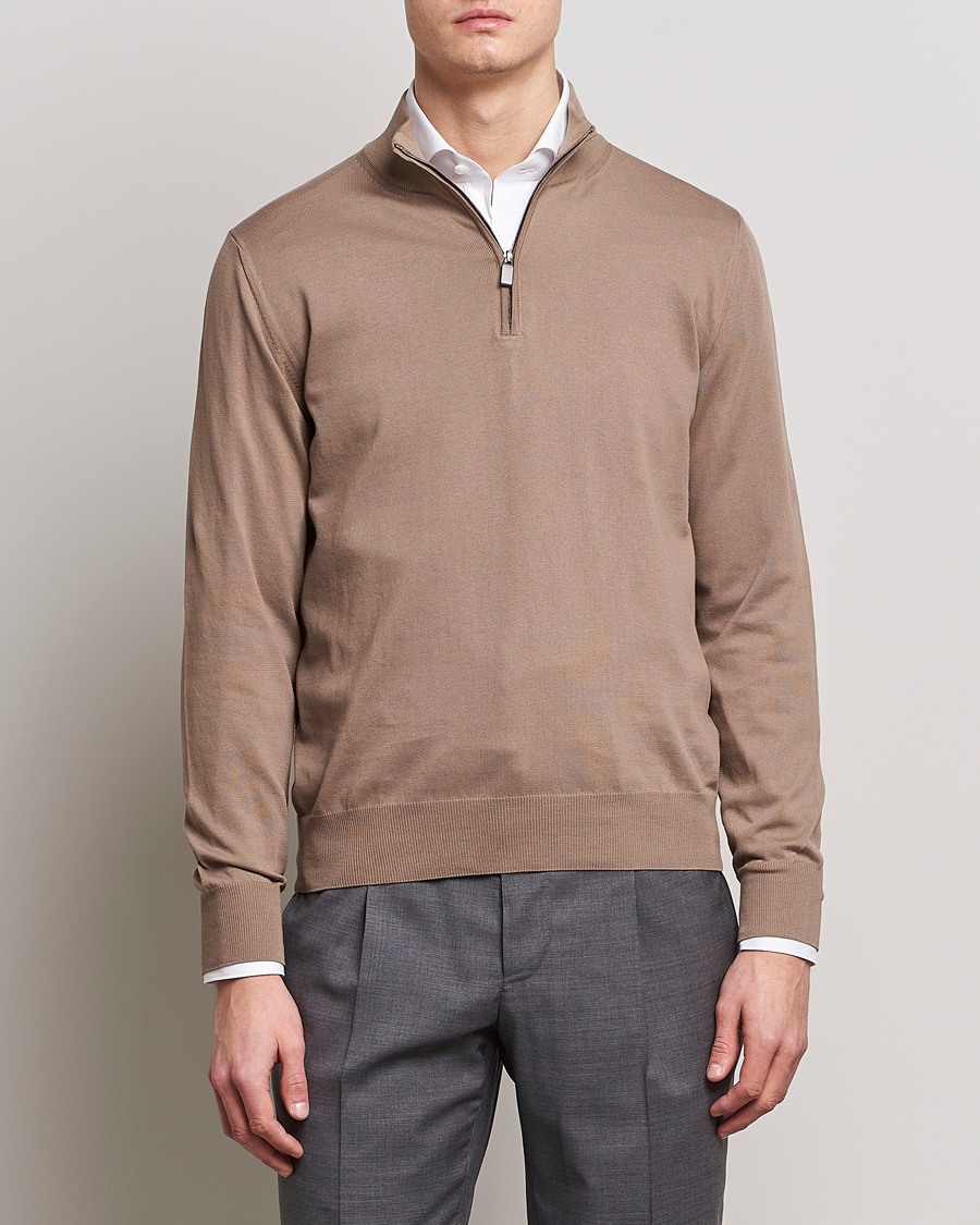 Men | Half-zip | Canali | Cotton Half Zip Sweater Brown