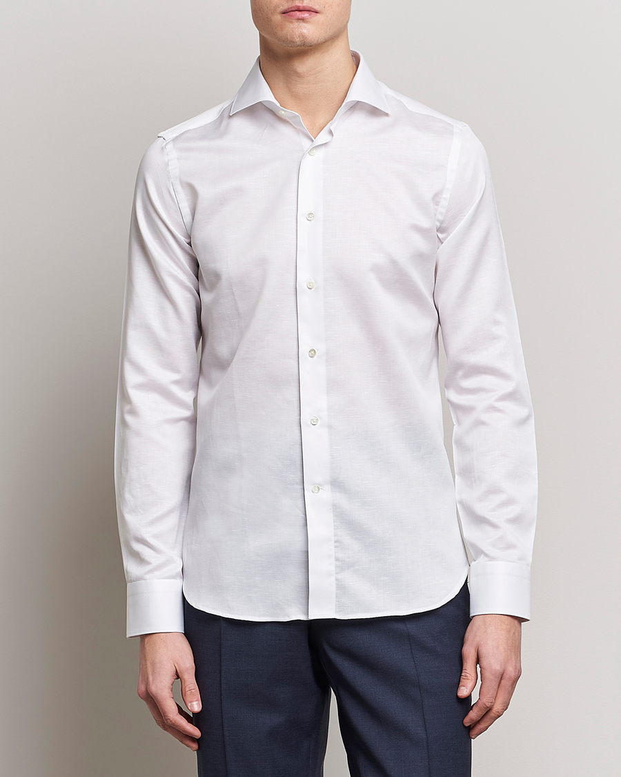 Men | Business Shirts | Canali | Slim Fit Linen Shirt White