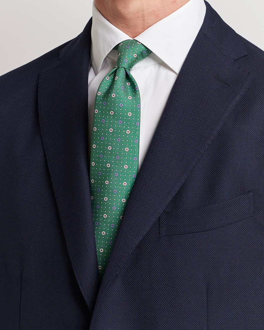 Men | Canali Printed Flower Silk Tie Green | Canali | Printed Flower Silk Tie Green