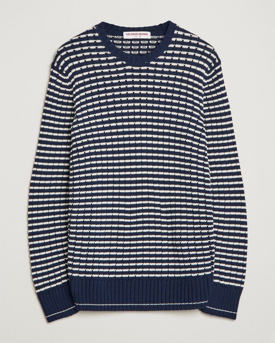 Men | Sweaters & Knitwear | Orlebar Brown | Lorca Organic Cotton Side Stripe Night Iris/Sea Mist