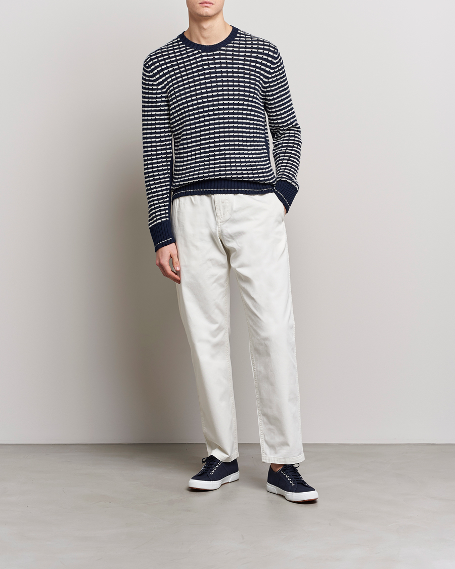 Men | Sweaters & Knitwear | Orlebar Brown | Lorca Organic Cotton Side Stripe Night Iris/Sea Mist