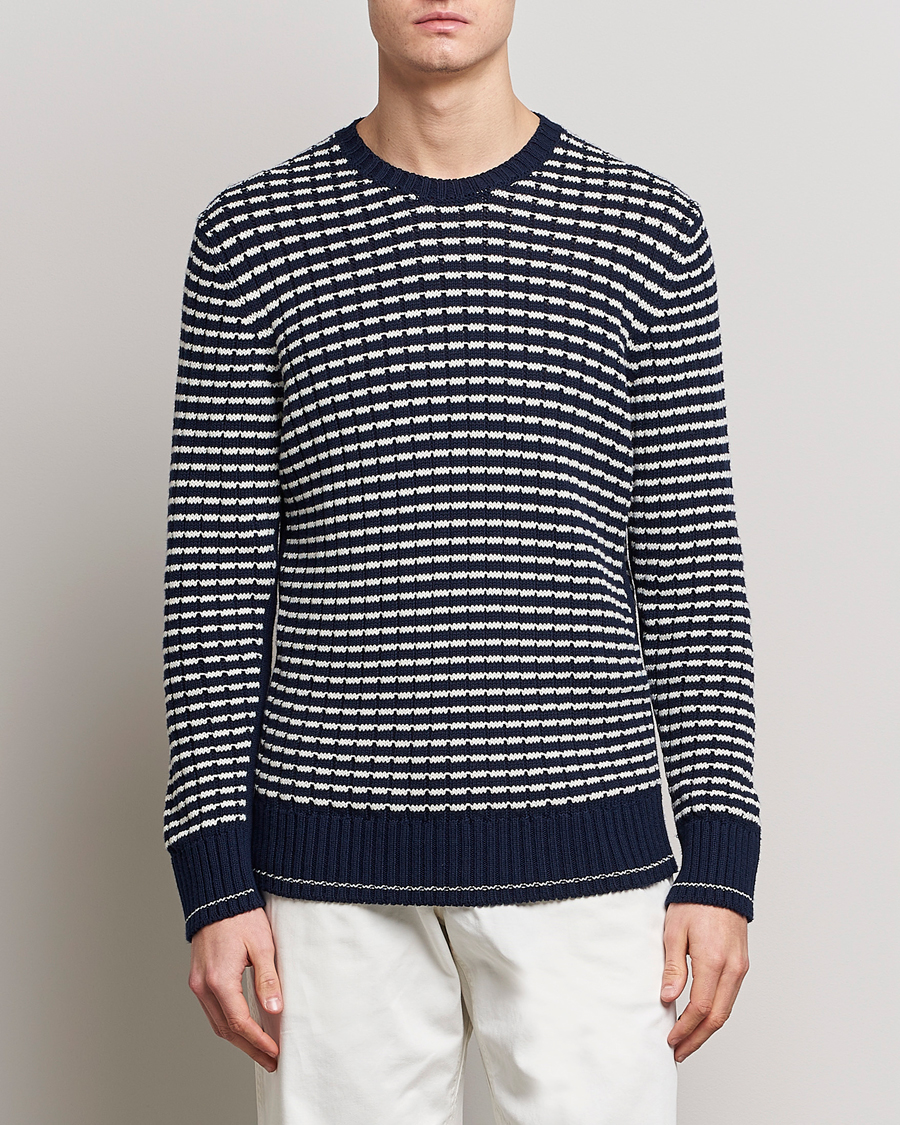 Men | Sweaters & Knitwear | Orlebar Brown | Lorca Organic Cotton Side Stripe Night Iris/Sea Mist