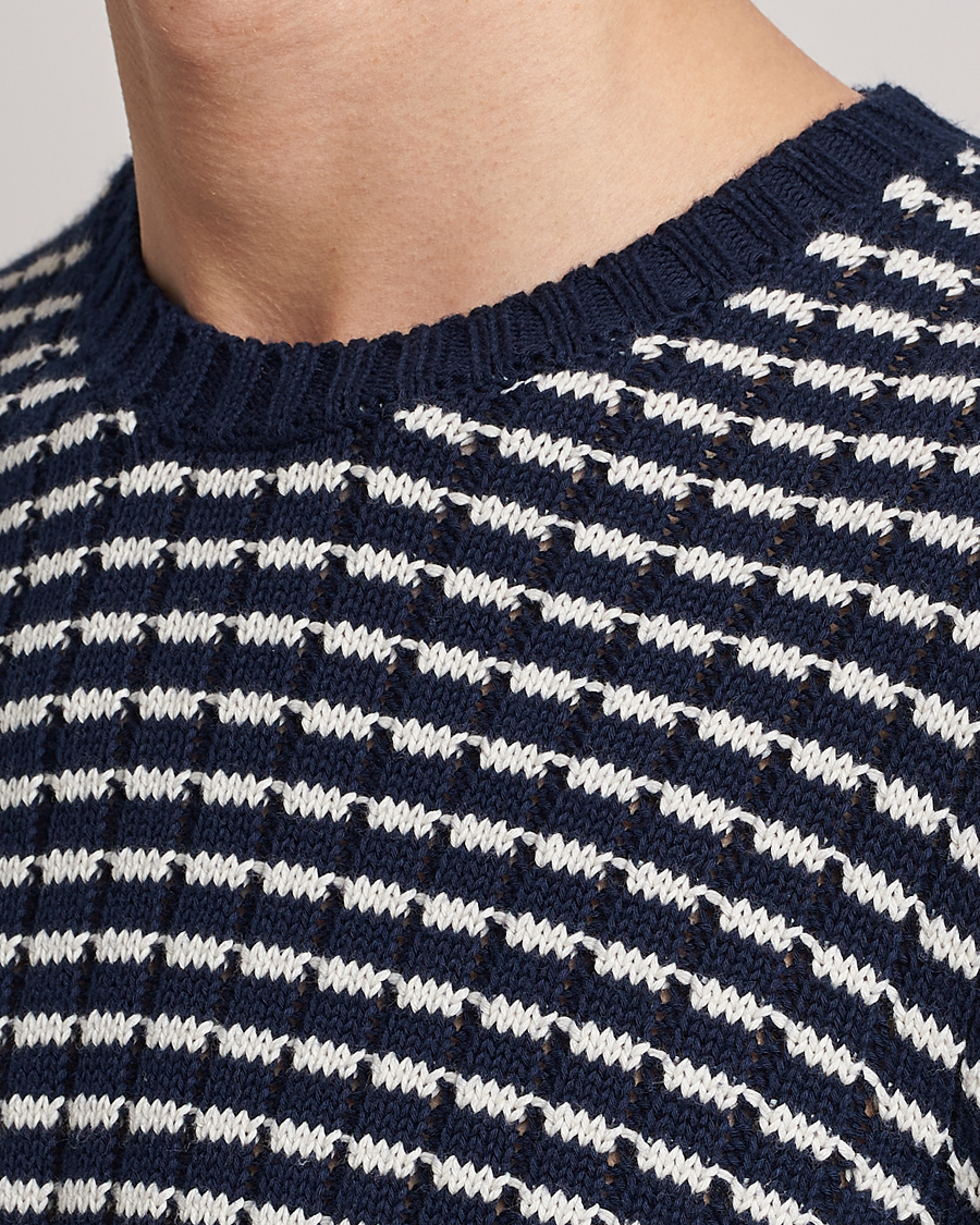Men | Sweaters & Knitwear | Orlebar Brown | Lorca Organic Cotton Side Stripe Night Iris/Sea Mist