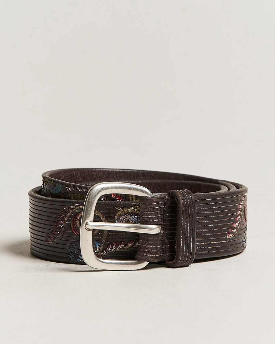 Men | Orciani Paisley Hand Painted Leather Belt Dark Brown | Orciani | Paisley Hand Painted Leather Belt Dark Brown