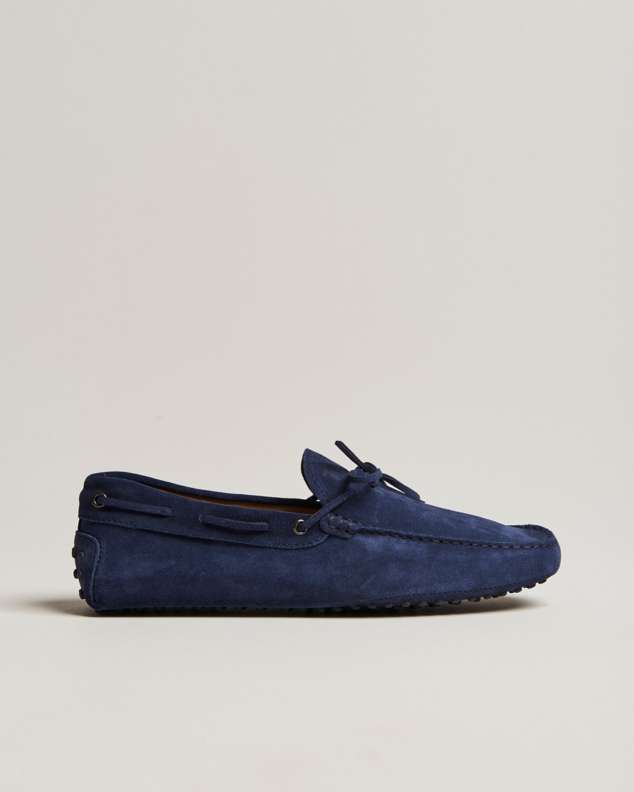 Handmade Men's CARSHOE Loafers in Navy Blue Suede Leather.